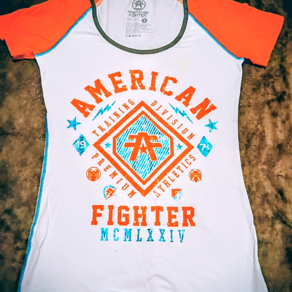 American Fighter Graphic Ringer Tee in White & Orange